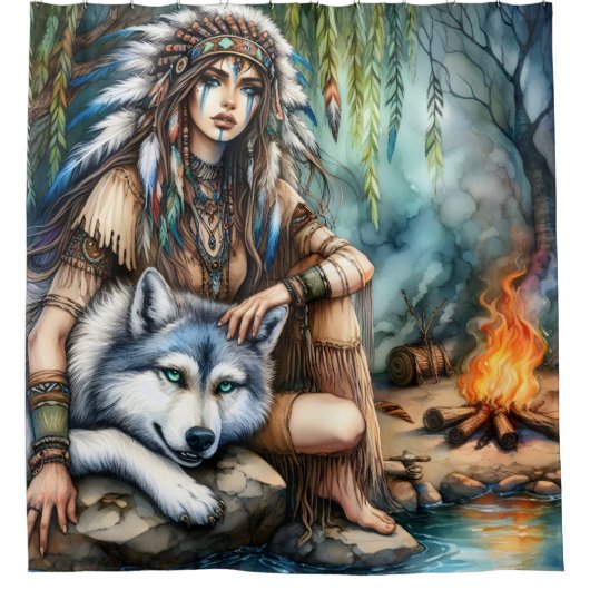 Rustige scène: Inheems en wolf door water Douchegordijn (Voorkant)