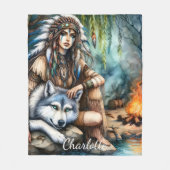 Rustige scène: Inheems en wolf door water Fleece Deken (Voorkant)