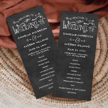 Rustige Script Chalkboard Wedding Black Ceremony Programmakaart<br><div class="desc">De de ceremonie van de weddenschap de programma's van het kartoneel van de ceremonie van de weddenschap kenmerken "Onthaal aan de Wedding van"in wit manuscript en een achtergrond met een getextureerde zwarte chrokboardverschijning. Pas de douanetekst voor uw bruidspartij en ceremonieinformatie aan.</div>