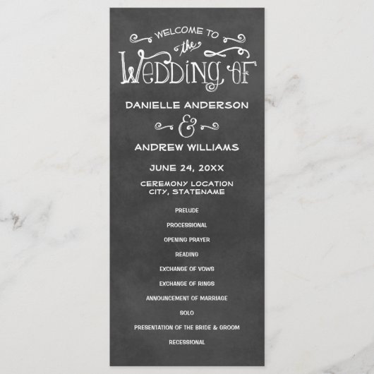 Rustige Script Chalkboard Wedding Black Ceremony Programmakaart (Voorkant)