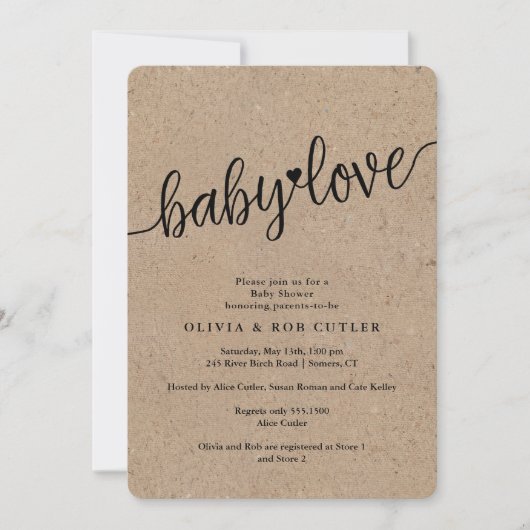 Rustige Script Kraft Baby Love Shower Kaart (Voorkant)