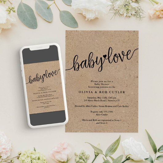 Rustige Script Kraft Baby Love Shower Kaart