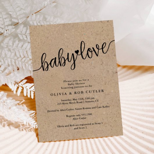 Rustige Script Kraft Baby Love Shower Kaart