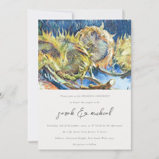 Rustige Script Minimal Yellow Sunflower Wedding Kaart (Voorkant)