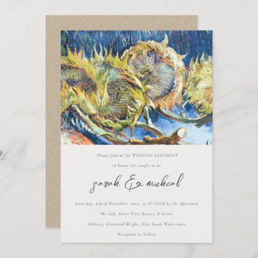 Rustige Script Minimal Yellow Sunflower Wedding Kaart (Voorkant / Achterkant)