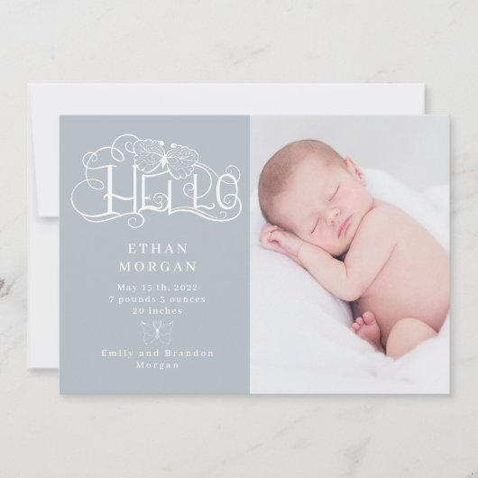 rustige script vlinder - blauwe geboorteaankondigi kaart (Voorkant)