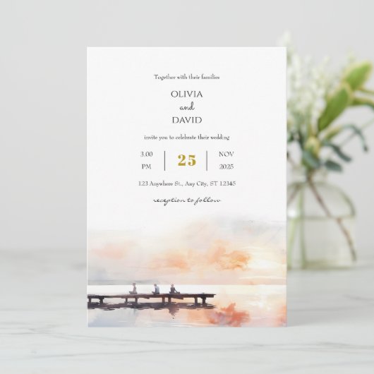 Rustige Seaside Soft Sunrise Pier Beach bruiloft Kaart (Staand voorkant)