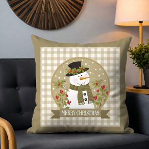 Rustige Sneeuwman Hulst Gingham Prettig Kerstfeest Kussen