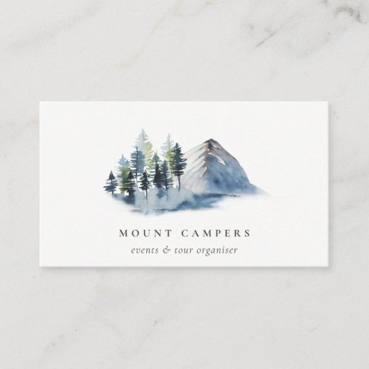 Rustige sneeuwpine Bossen Waterverf Camping Mounta Visitekaartje (Voorkant)