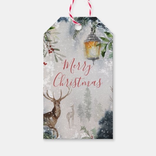 Rustige Snowy Kerstmis Deer Lantern Labels 2 Cadeaulabel (Voorkant)