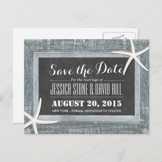 Rustige Starfish Wood & Chalkboard Save the Date Aankondigingskaart (Voorkant / Achterkant)