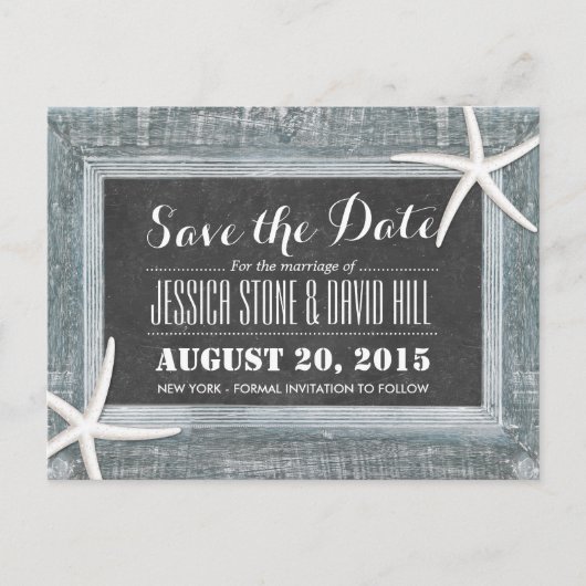 Rustige Starfish Wood & Chalkboard Save the Date Aankondigingskaart (Voorkant)
