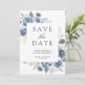 Rustige Stof Blauw Bloemstuk Foto Collage Bruiloft Save The Date (Staand voorkant)