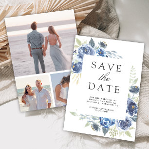 Rustige Stof Blauw Bloemstuk Foto Collage Bruiloft Save The Date