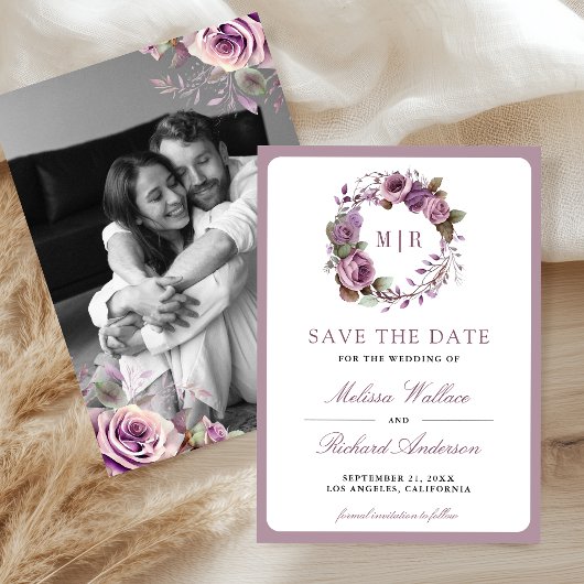 Rustige Stof Purple Bloem Foto Bruiloft Save The Date