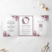 Rustige Stof Purple Bloemencode met QR Code Trouwk Drieluik Uitnodiging (Binnen)