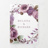 Rustige Stof Purple Bloemencode met QR Code Trouwk Drieluik Uitnodiging (Cover)