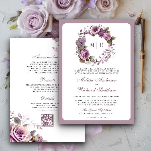 Rustige Stof Purple Bloemencode met QR Code Trouwk Kaart