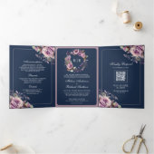 Rustige Stof Purple Bloemstuk Navy QR Code Trouwen Drieluik Uitnodiging (Binnen)