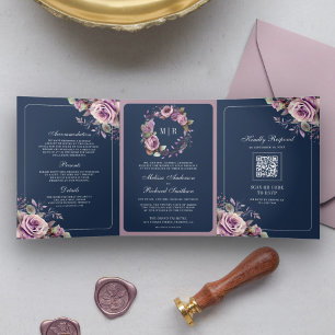 Rustige Stof Purple Bloemstuk Navy QR Code Trouwen Drieluik Uitnodiging