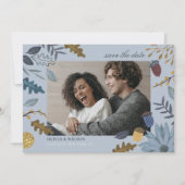 Rustige, stoffige blauwe herfstbladeren herfst bru save the date (Voorkant)