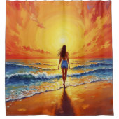 Rustige strandwandeling zonsondergang oceaan helde douchegordijn (Voorkant)