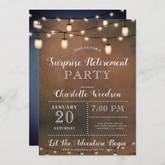 Rustige String Lights Surprise Retirement Party Kaart (Voorkant / Achterkant)