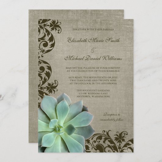 Rustige Succulents Brown Swirls Wedding Kaart (Voorkant / Achterkant)