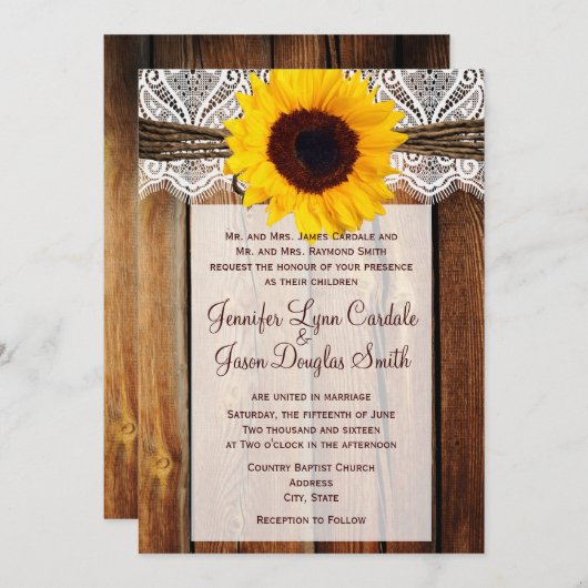 Rustige Sunflower Barn Wood Lace Wedding Invitatio Kaart (Voorkant / Achterkant)