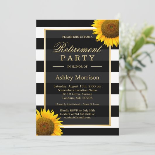 Rustige Sunflower Black Stripes Retirement Party Kaart (Staand voorkant)