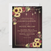 Rustige Sunflower Burgundy Wood Floral Wedding Inv Kaart (Voorkant)
