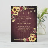 Rustige Sunflower Burgundy Wood Floral Wedding Inv Kaart (Staand voorkant)