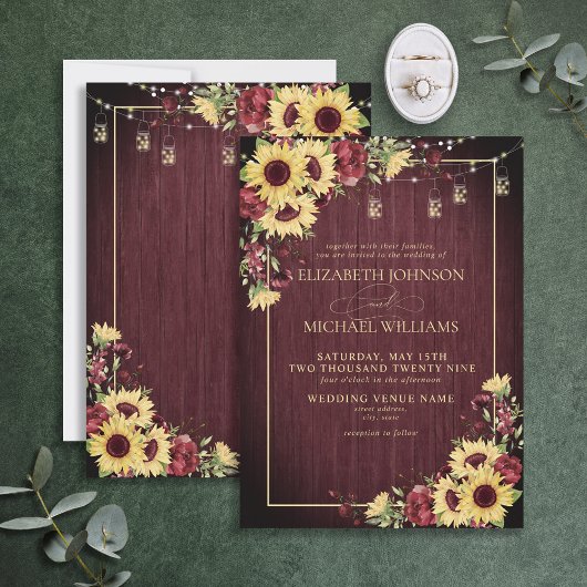 Rustige Sunflower Burgundy Wood Floral Wedding Inv Kaart