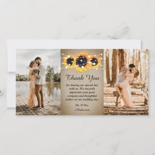 Rustige  Sunflower Burlap Wedding Foto Bedankkaart (Voorkant)