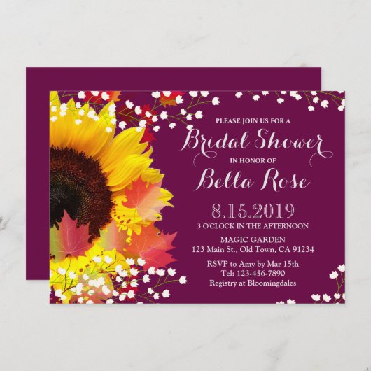 Rustige Sunflower Plum Bridal Shower Invitation Kaart (Voorkant / Achterkant)