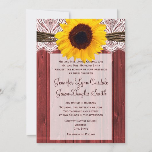 Rustige Sunflower Red Barn Wood Wedding Invites Kaart (Voorkant)