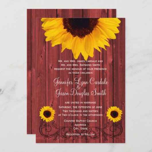 Rustige Sunflower Red Barn Wood Wedding Invites Kaart (Voorkant / Achterkant)