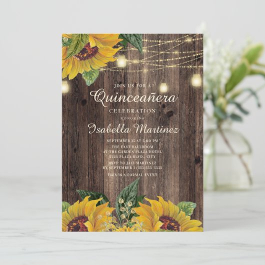 Rustige Sunflower String Light Surprise Quinceaner Kaart (Staand voorkant)