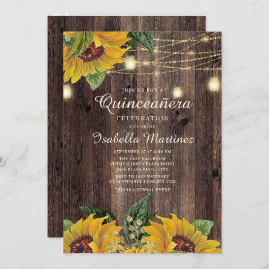 Rustige Sunflower String Light Surprise Quinceaner Kaart (Voorkant / Achterkant)