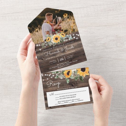 Rustige Sunflower String Lights Eucalyptus Wedding All In One Uitnodiging (Afscheurbaar)