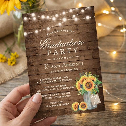 Rustige Sunflower String Lights Graduparty Kaart