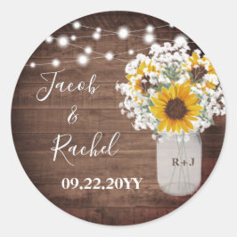 Rustige Sunflower String Lights Monogram Wedding Ronde Sticker
