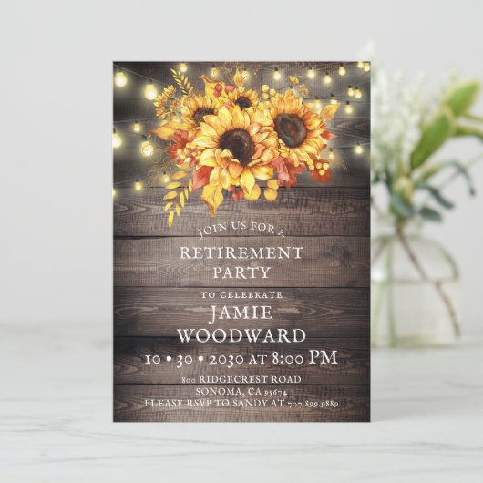 Rustige Sunflower String Lights Retirement Party I Kaart (Staand voorkant)