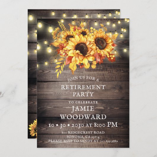Rustige Sunflower String Lights Retirement Party I Kaart (Voorkant / Achterkant)