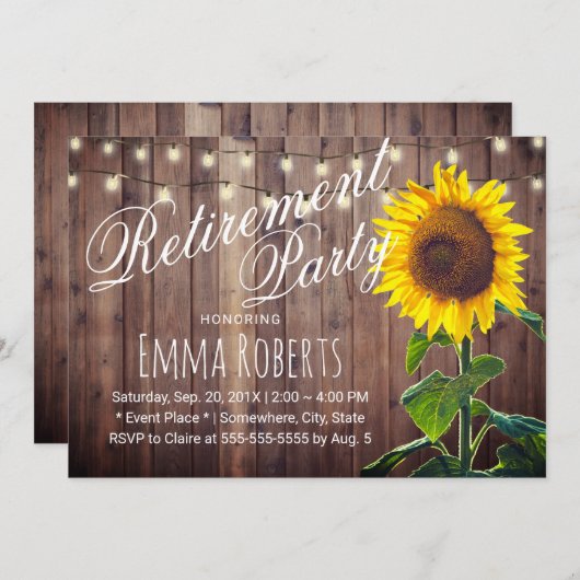 Rustige sunflower & String Lights Retirement Party Kaart (Voorkant / Achterkant)