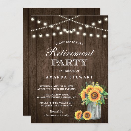 Rustige Sunflower String Lights Retirement Party Kaart (Voorkant / Achterkant)