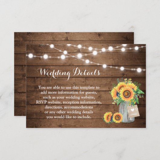 Rustige Sunflower String Lights Wedding Details Informatiekaartje (Voorkant / Achterkant)