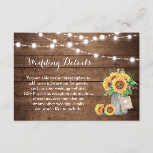 Rustige Sunflower String Lights Wedding Details Informatiekaartje (Voorkant)