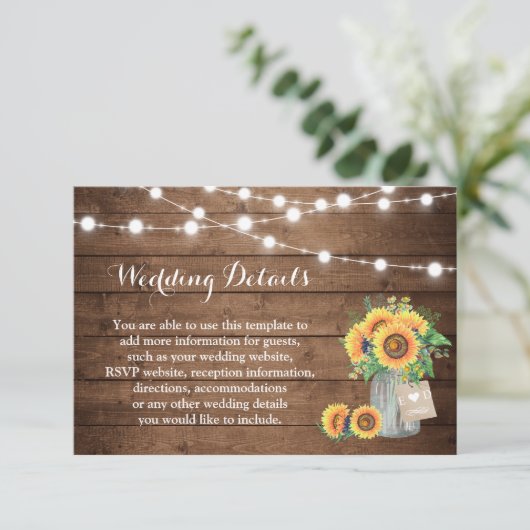 Rustige Sunflower String Lights Wedding Details Informatiekaartje (Staand voorkant)