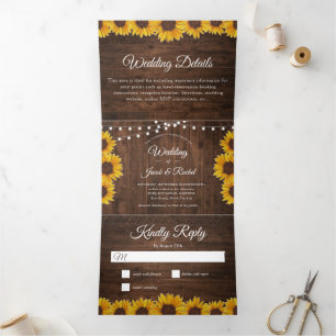 Rustige Sunflower String Lights Wedding Drieluik Uitnodiging